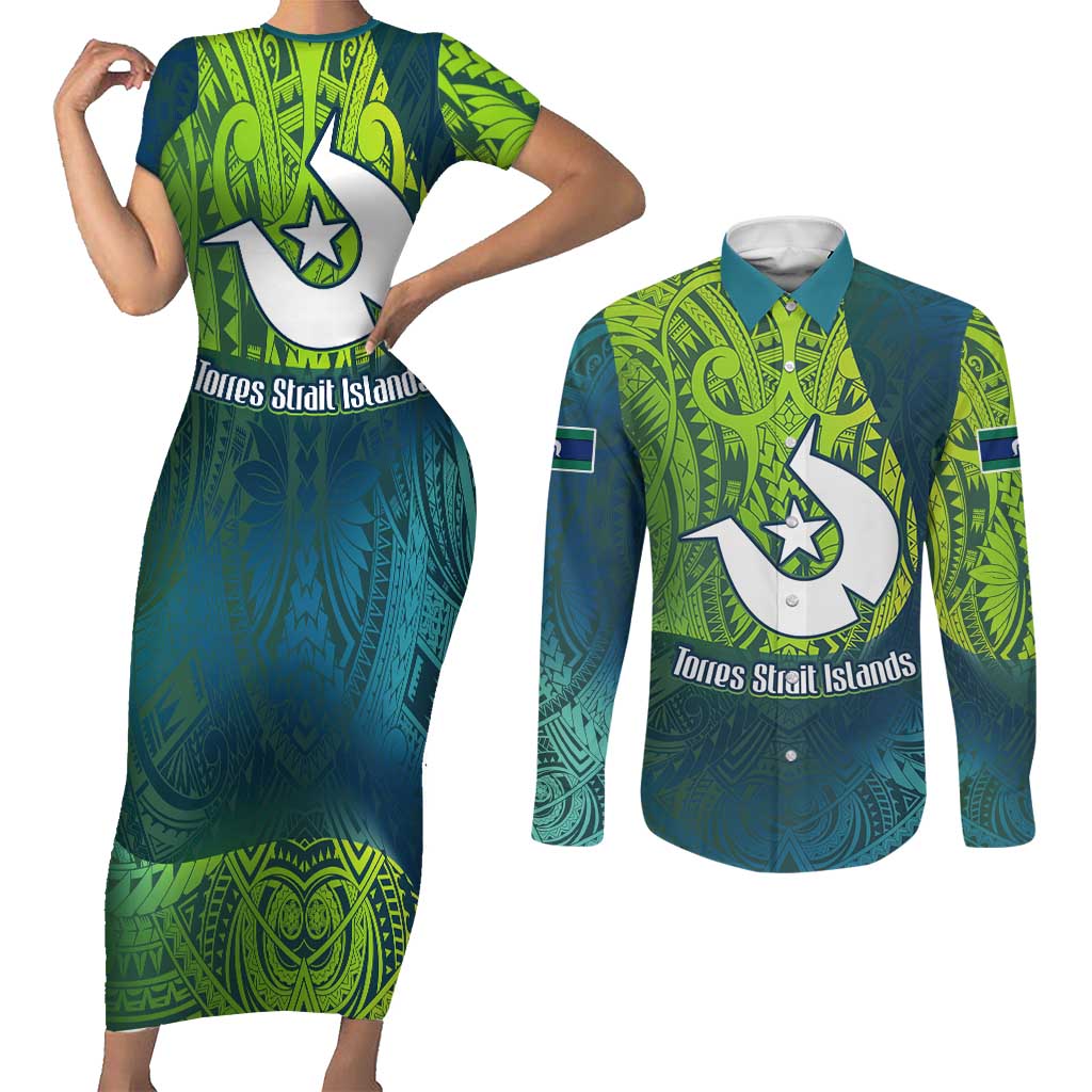 Torres Strait Islands Couples Matching Short Sleeve Bodycon Dress and Long Sleeve Button Shirt Vibrant Polynesian Tribal Pattern Art