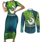 Torres Strait Islands Couples Matching Short Sleeve Bodycon Dress and Long Sleeve Button Shirt Vibrant Polynesian Tribal Pattern Art