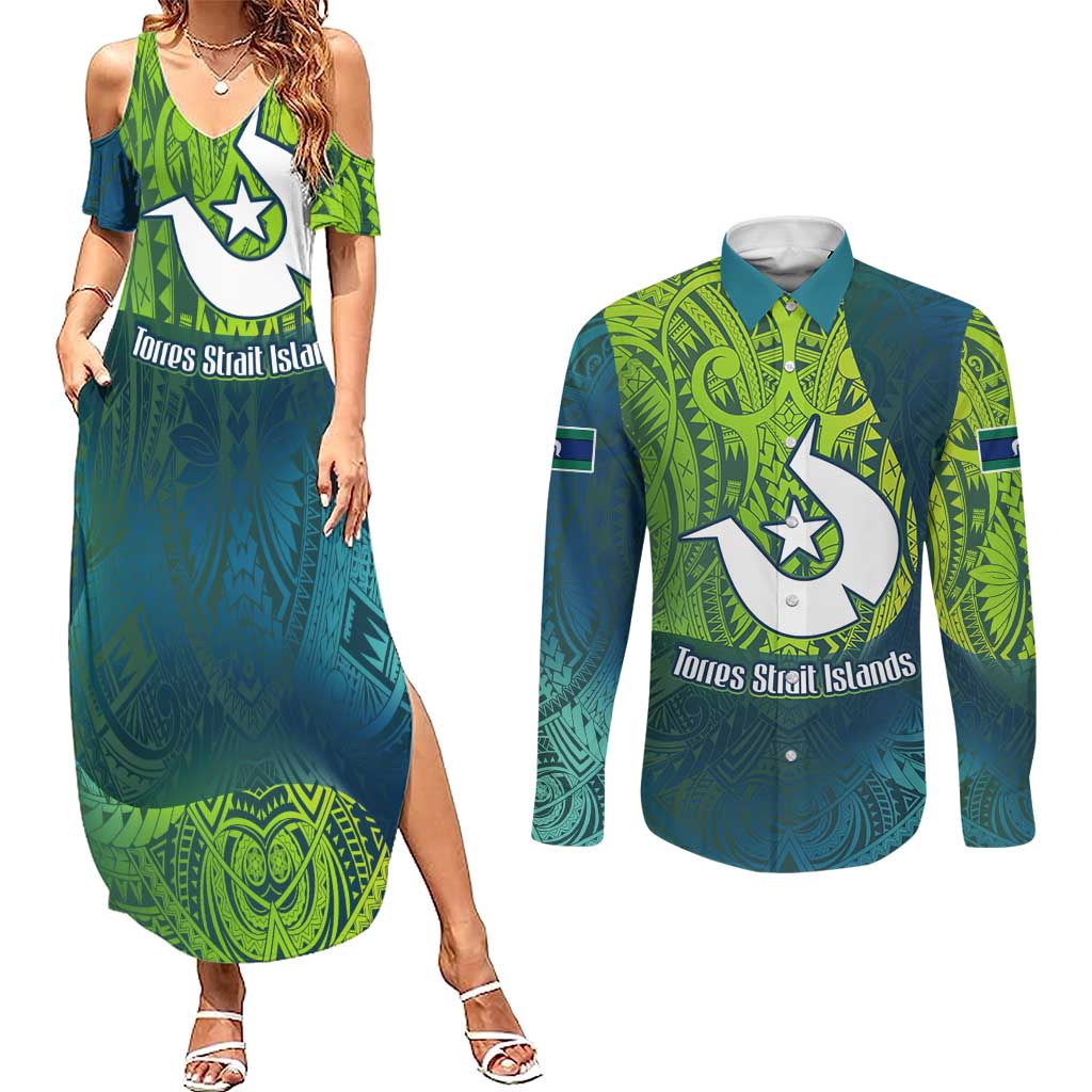 Torres Strait Islands Couples Matching Summer Maxi Dress and Long Sleeve Button Shirt Vibrant Polynesian Tribal Pattern Art