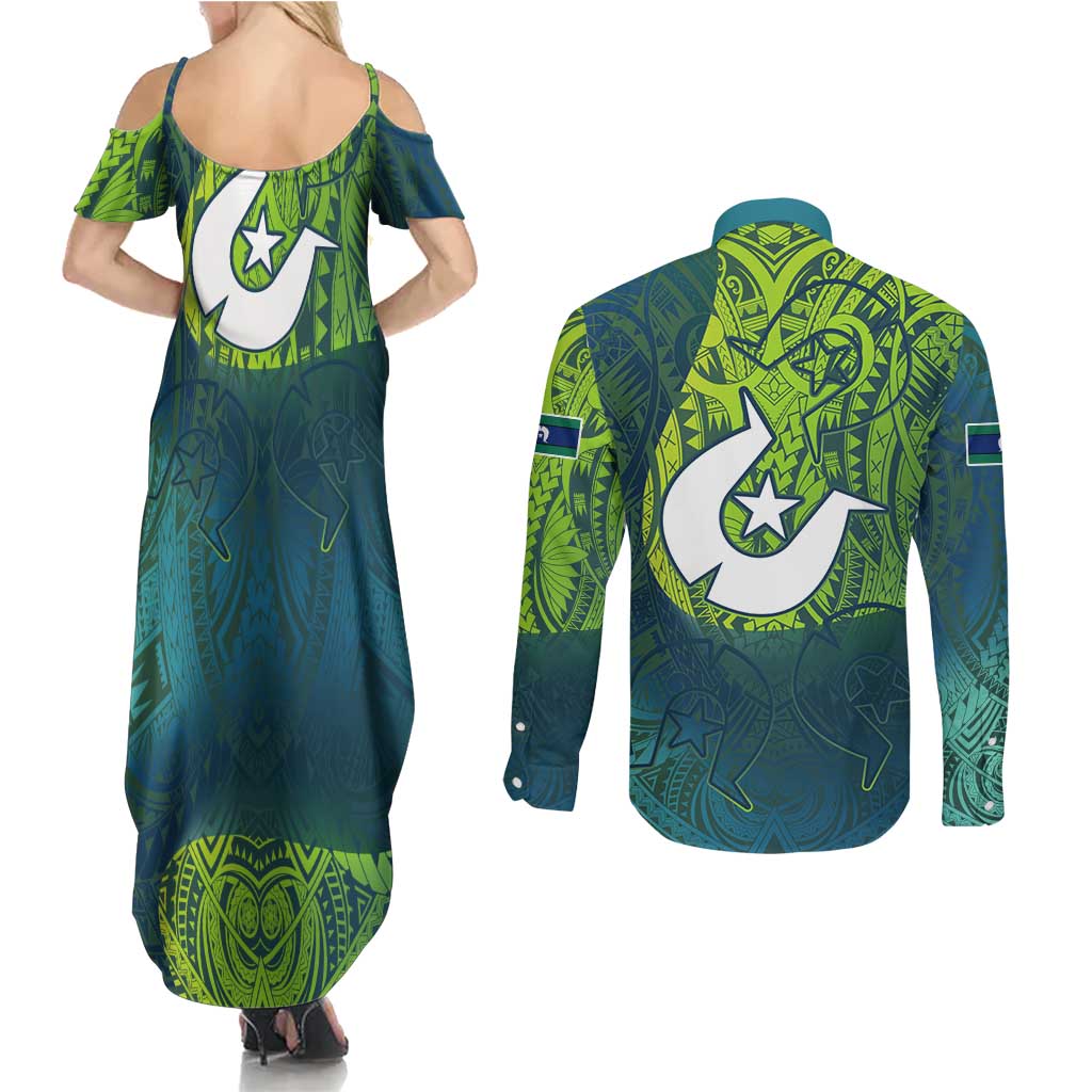 Torres Strait Islands Couples Matching Summer Maxi Dress and Long Sleeve Button Shirt Vibrant Polynesian Tribal Pattern Art