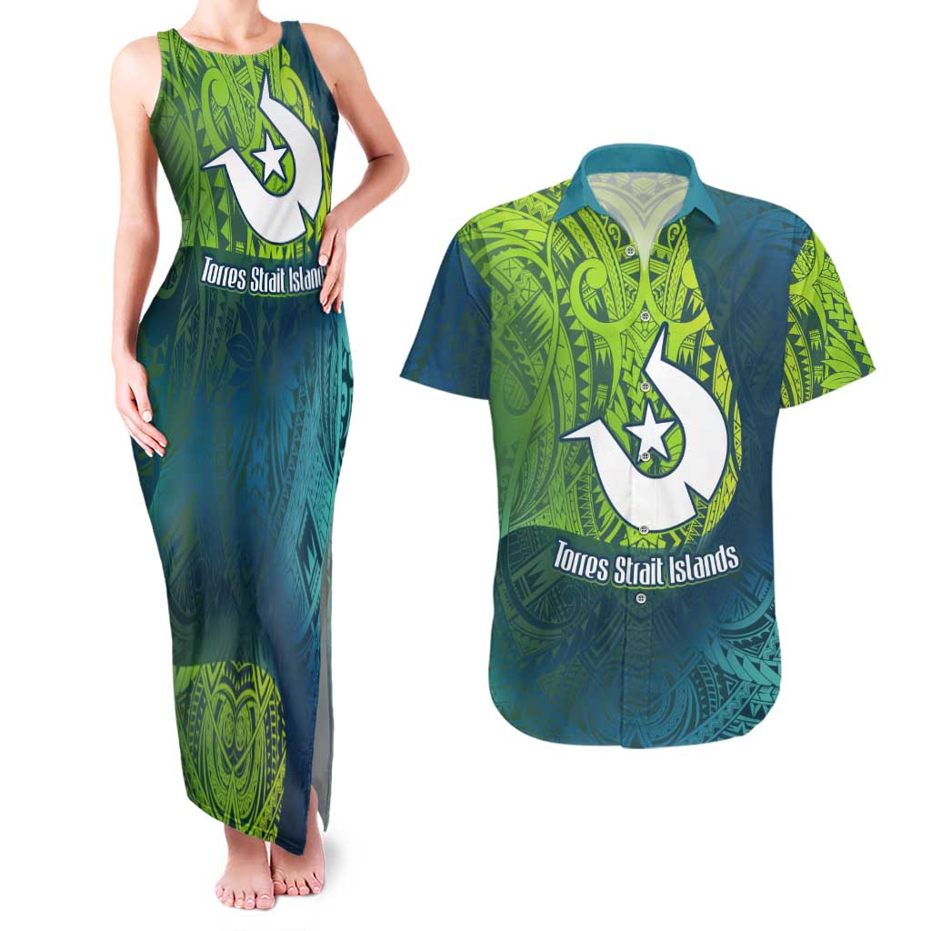 Torres Strait Islands Couples Matching Tank Maxi Dress and Hawaiian Shirt Vibrant Polynesian Tribal Pattern Art