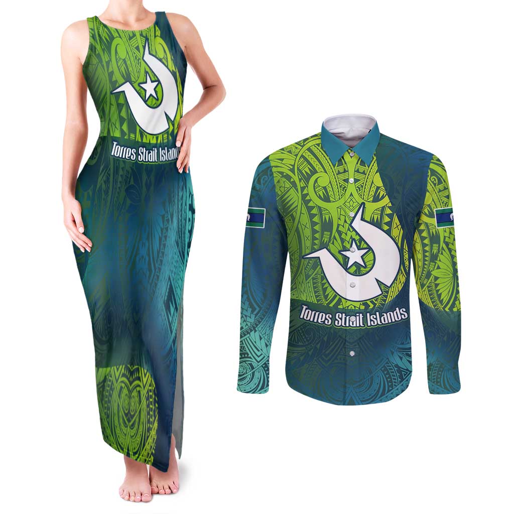 Torres Strait Islands Couples Matching Tank Maxi Dress and Long Sleeve Button Shirt Vibrant Polynesian Tribal Pattern Art