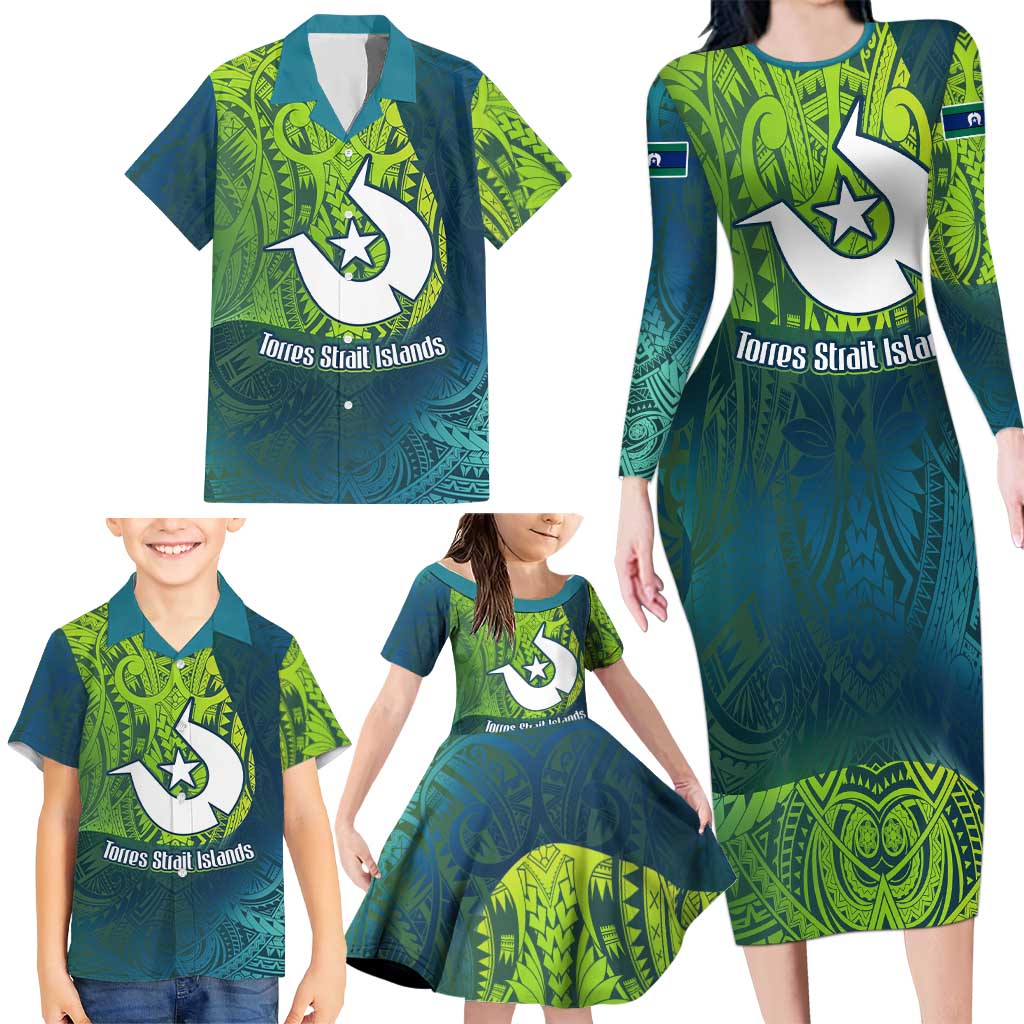 Torres Strait Islands Family Matching Long Sleeve Bodycon Dress and Hawaiian Shirt Vibrant Polynesian Tribal Pattern Art