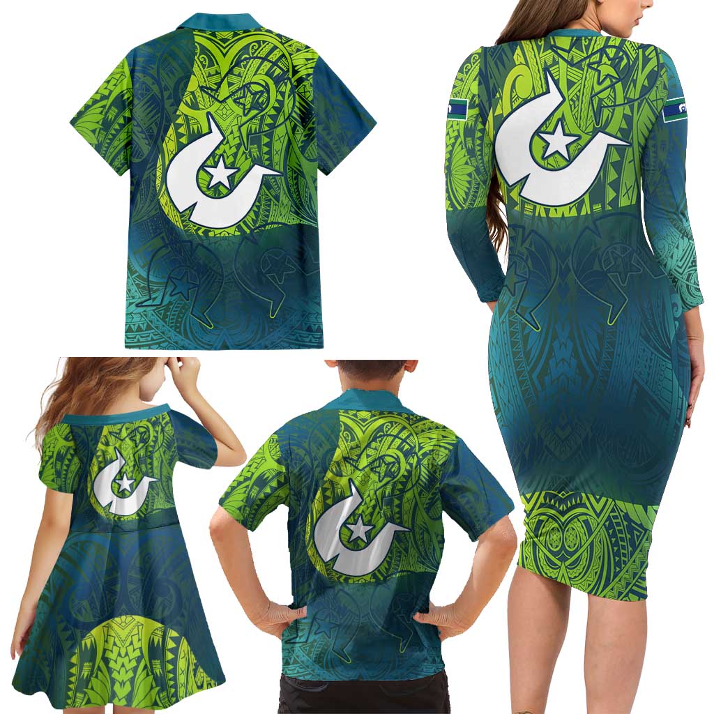Torres Strait Islands Family Matching Long Sleeve Bodycon Dress and Hawaiian Shirt Vibrant Polynesian Tribal Pattern Art
