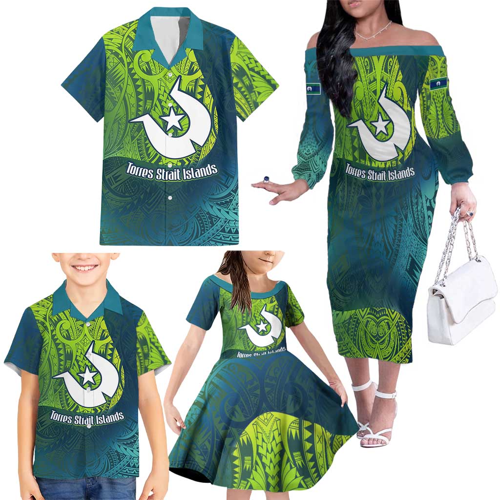 Torres Strait Islands Family Matching Off The Shoulder Long Sleeve Dress and Hawaiian Shirt Vibrant Polynesian Tribal Pattern Art