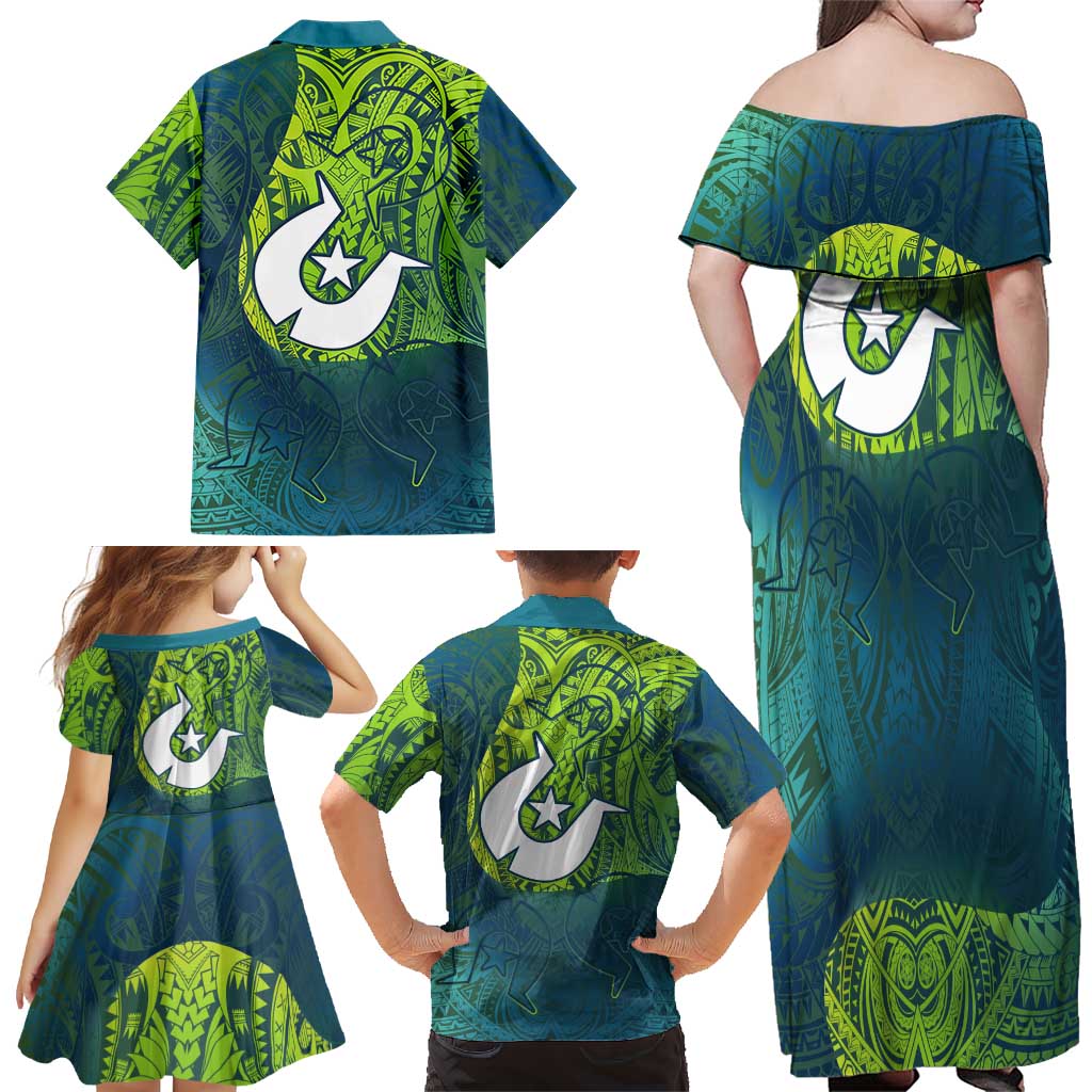 Torres Strait Islands Family Matching Off Shoulder Maxi Dress and Hawaiian Shirt Vibrant Polynesian Tribal Pattern Art