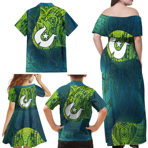 Torres Strait Islands Family Matching Off Shoulder Maxi Dress and Hawaiian Shirt Vibrant Polynesian Tribal Pattern Art