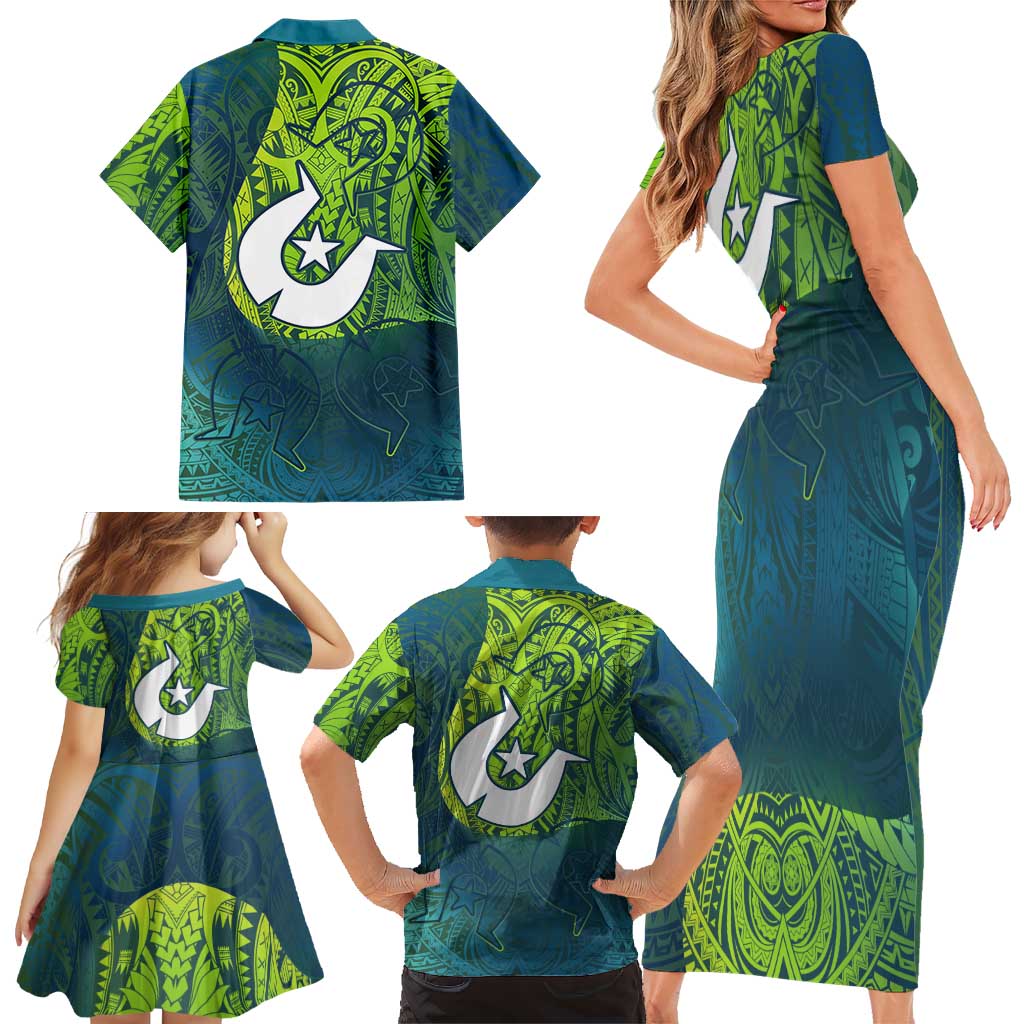 Torres Strait Islands Family Matching Short Sleeve Bodycon Dress and Hawaiian Shirt Vibrant Polynesian Tribal Pattern Art