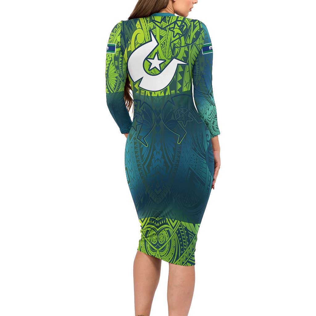 Torres Strait Islands Long Sleeve Bodycon Dress Vibrant Polynesian Tribal Pattern Art
