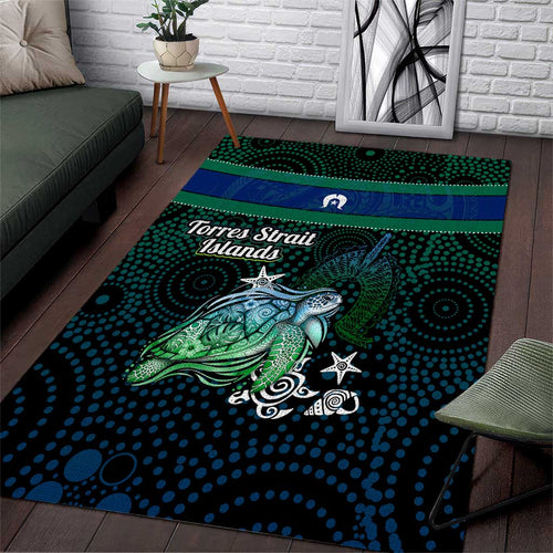 Torres Strait Islands Sea Turtle and Dhari Area Rug Oceanic Indigenous Dotwork Tribal Illustration