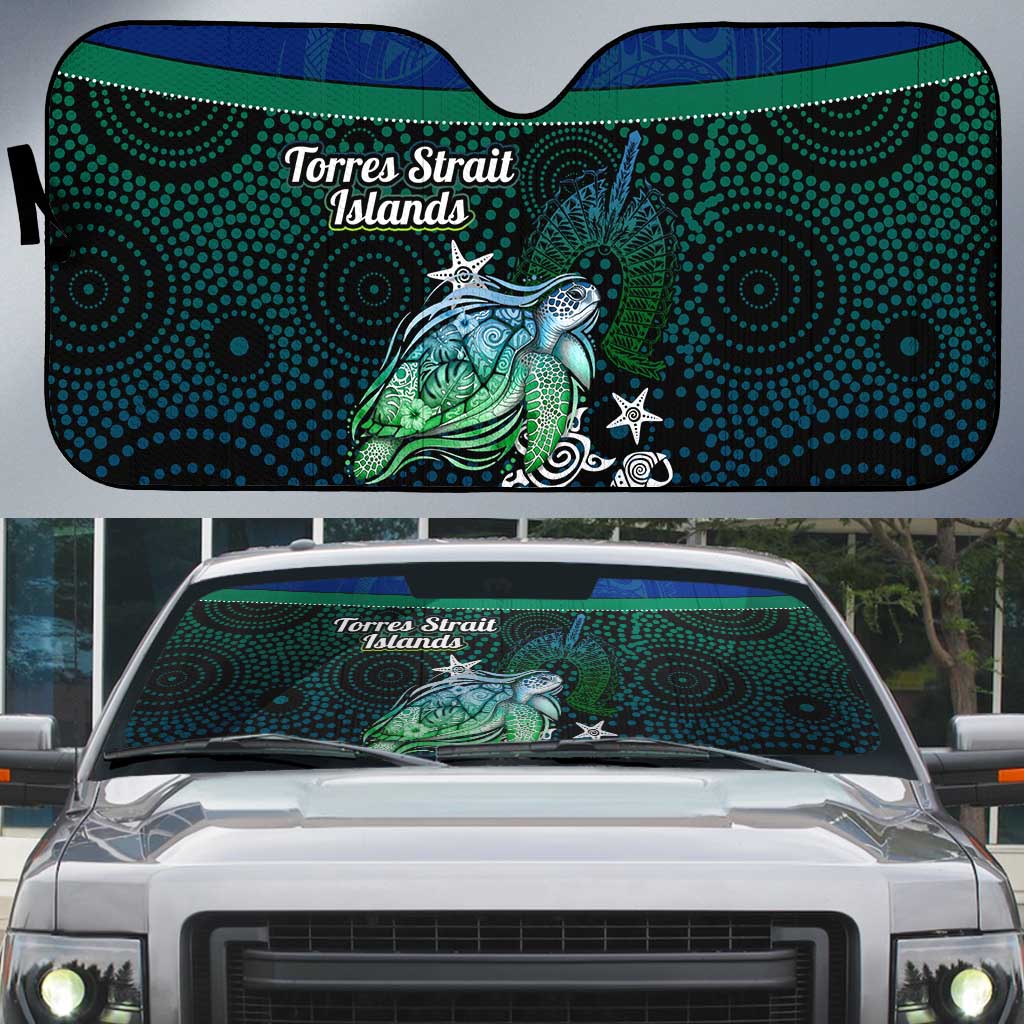 Torres Strait Islands Sea Turtle and Dhari Auto Sun Shade Oceanic Indigenous Dotwork Tribal Illustration