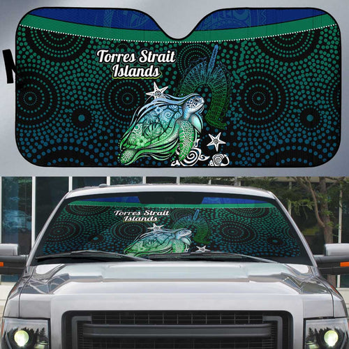 Torres Strait Islands Sea Turtle and Dhari Auto Sun Shade Oceanic Indigenous Dotwork Tribal Illustration