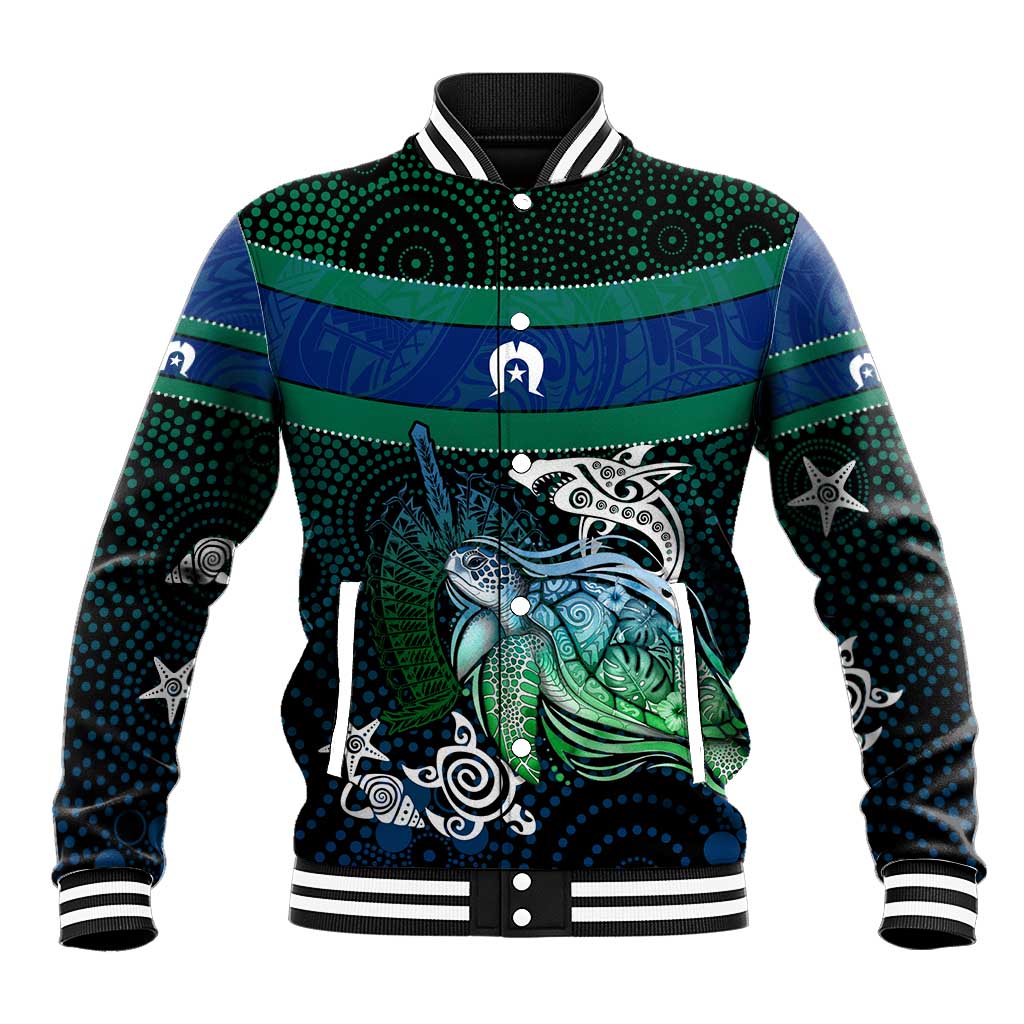 Torres Strait Islands Sea Turtle and Dhari Baseball Jacket Oceanic Indigenous Dotwork Tribal Illustration
