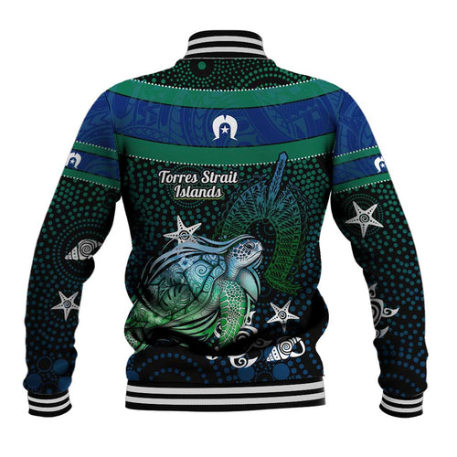 Torres Strait Islands Sea Turtle and Dhari Baseball Jacket Oceanic Indigenous Dotwork Tribal Illustration