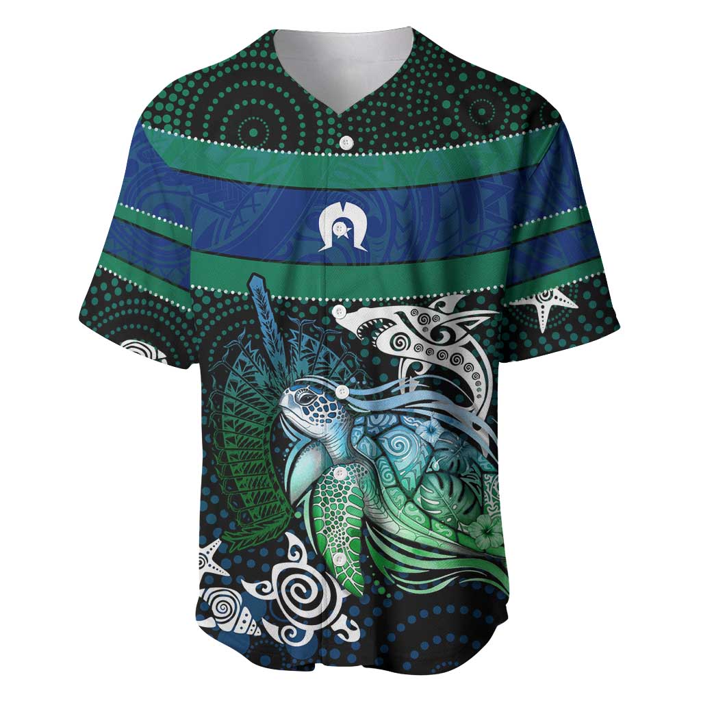 Torres Strait Islands Sea Turtle and Dhari Baseball Jersey Oceanic Indigenous Dotwork Tribal Illustration