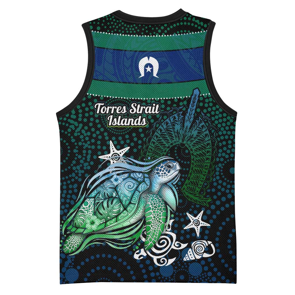 Torres Strait Islands Sea Turtle and Dhari Basketball Jersey Oceanic Indigenous Dotwork Tribal Illustration