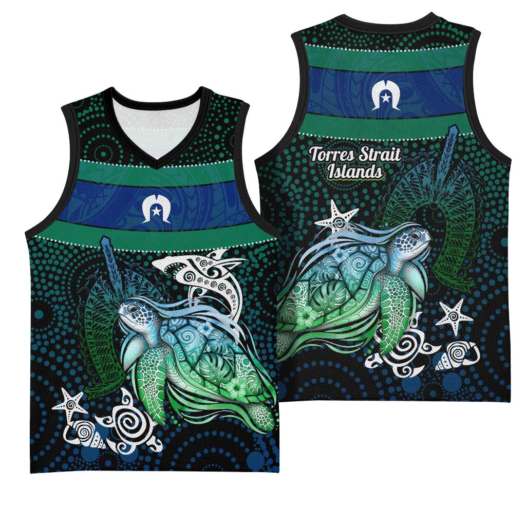 Torres Strait Islands Sea Turtle and Dhari Basketball Jersey Oceanic Indigenous Dotwork Tribal Illustration