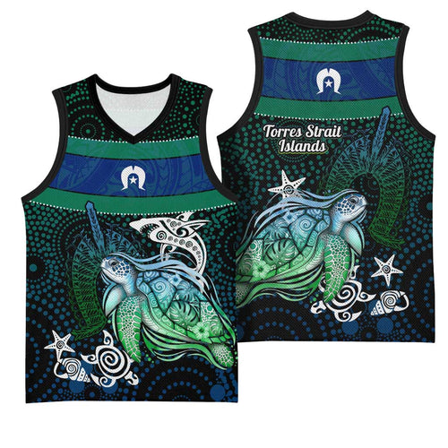 Torres Strait Islands Sea Turtle and Dhari Basketball Jersey Oceanic Indigenous Dotwork Tribal Illustration