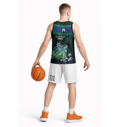 Torres Strait Islands Sea Turtle and Dhari Basketball Jersey Oceanic Indigenous Dotwork Tribal Illustration