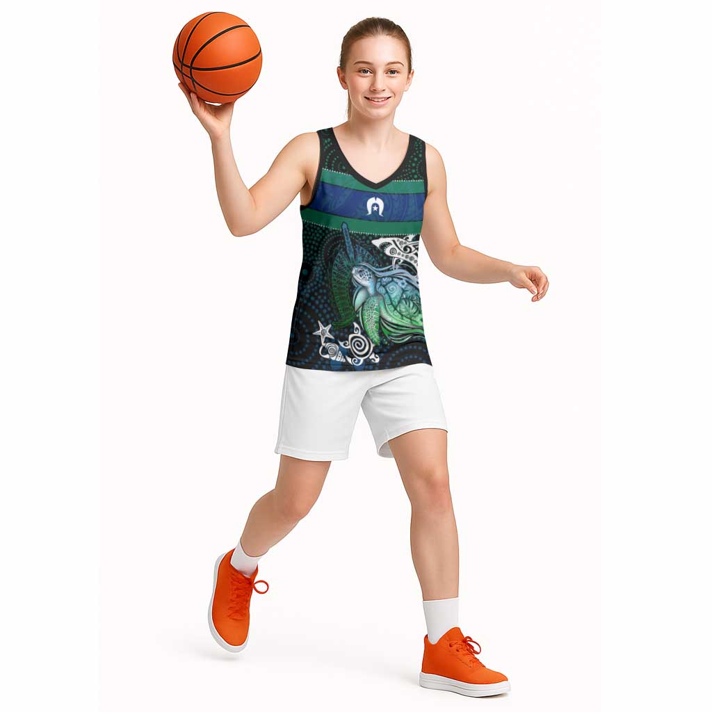 Torres Strait Islands Sea Turtle and Dhari Basketball Jersey Oceanic Indigenous Dotwork Tribal Illustration