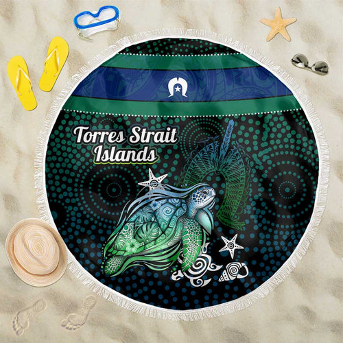 Torres Strait Islands Sea Turtle and Dhari Beach Blanket Oceanic Indigenous Dotwork Tribal Illustration