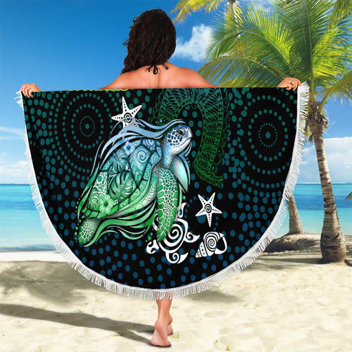 Torres Strait Islands Sea Turtle and Dhari Beach Blanket Oceanic Indigenous Dotwork Tribal Illustration