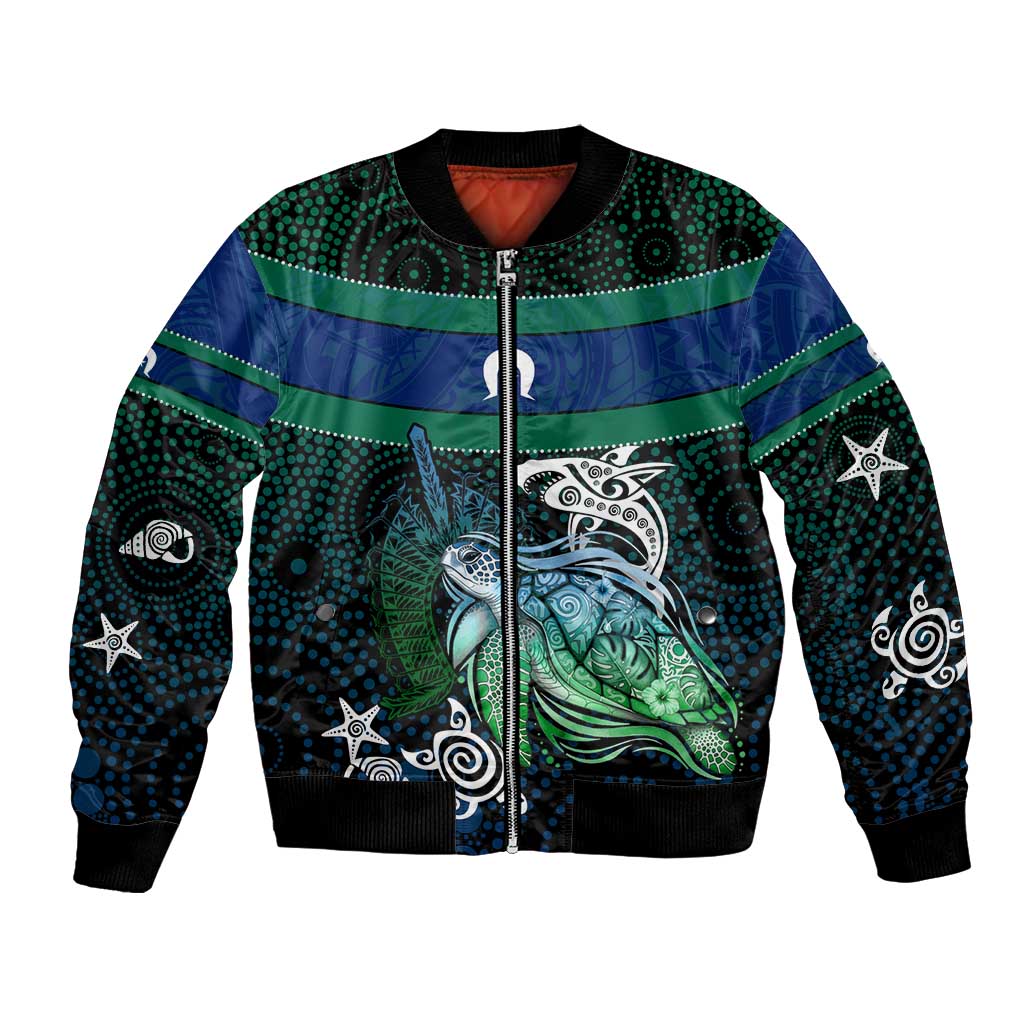Torres Strait Islands Sea Turtle and Dhari Bomber Jacket Oceanic Indigenous Dotwork Tribal Illustration