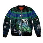 Torres Strait Islands Sea Turtle and Dhari Bomber Jacket Oceanic Indigenous Dotwork Tribal Illustration
