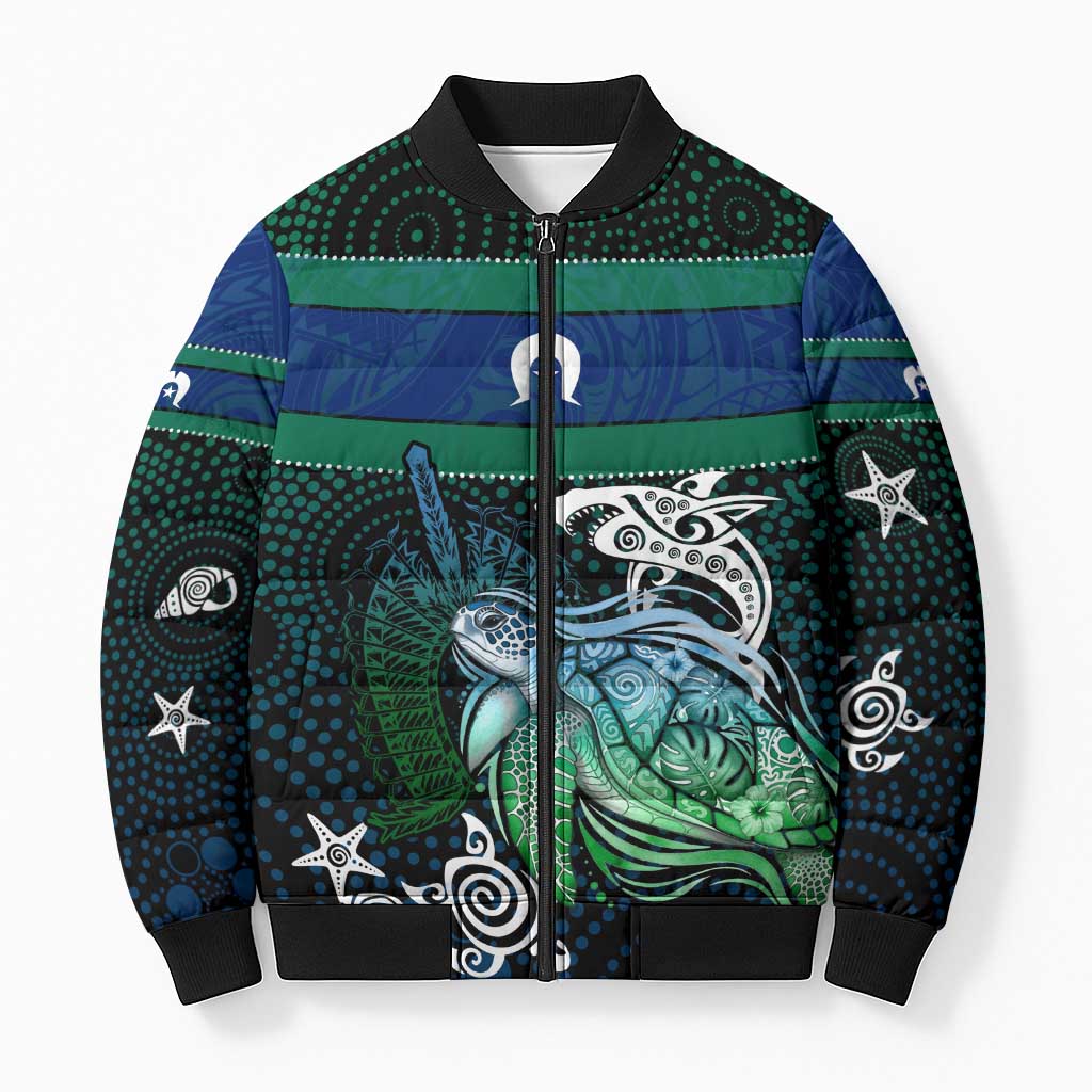 Torres Strait Islands Sea Turtle and Dhari Bomber Puffer Jacket Oceanic Indigenous Dotwork Tribal Illustration