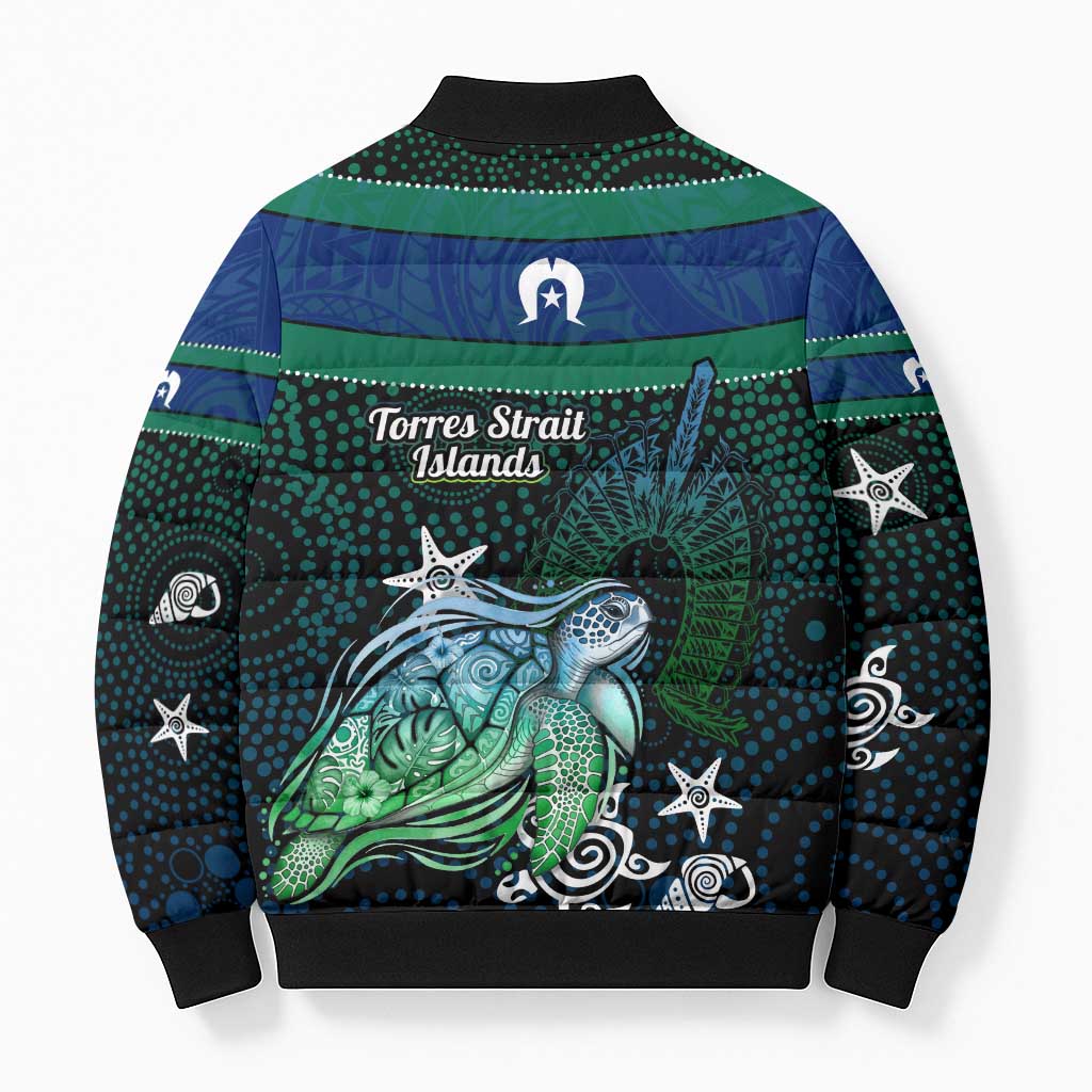 Torres Strait Islands Sea Turtle and Dhari Bomber Puffer Jacket Oceanic Indigenous Dotwork Tribal Illustration