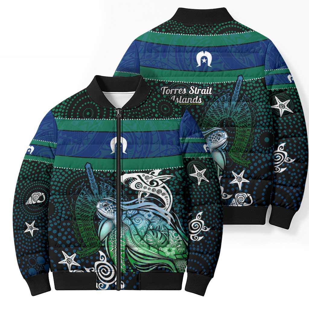 Torres Strait Islands Sea Turtle and Dhari Bomber Puffer Jacket Oceanic Indigenous Dotwork Tribal Illustration