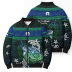 Torres Strait Islands Sea Turtle and Dhari Bomber Puffer Jacket Oceanic Indigenous Dotwork Tribal Illustration