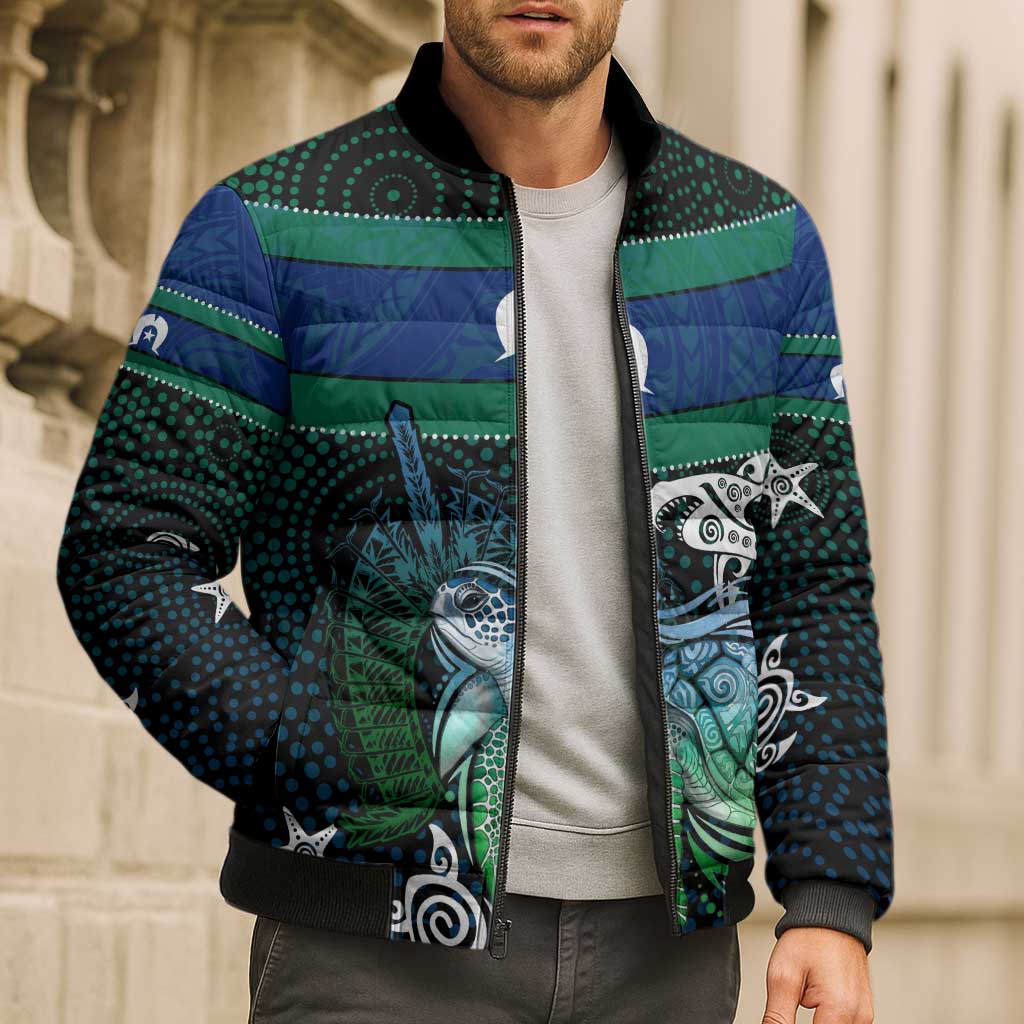 Torres Strait Islands Sea Turtle and Dhari Bomber Puffer Jacket Oceanic Indigenous Dotwork Tribal Illustration