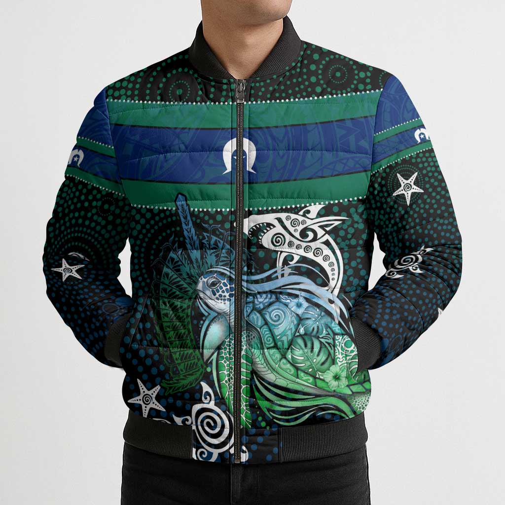 Torres Strait Islands Sea Turtle and Dhari Bomber Puffer Jacket Oceanic Indigenous Dotwork Tribal Illustration