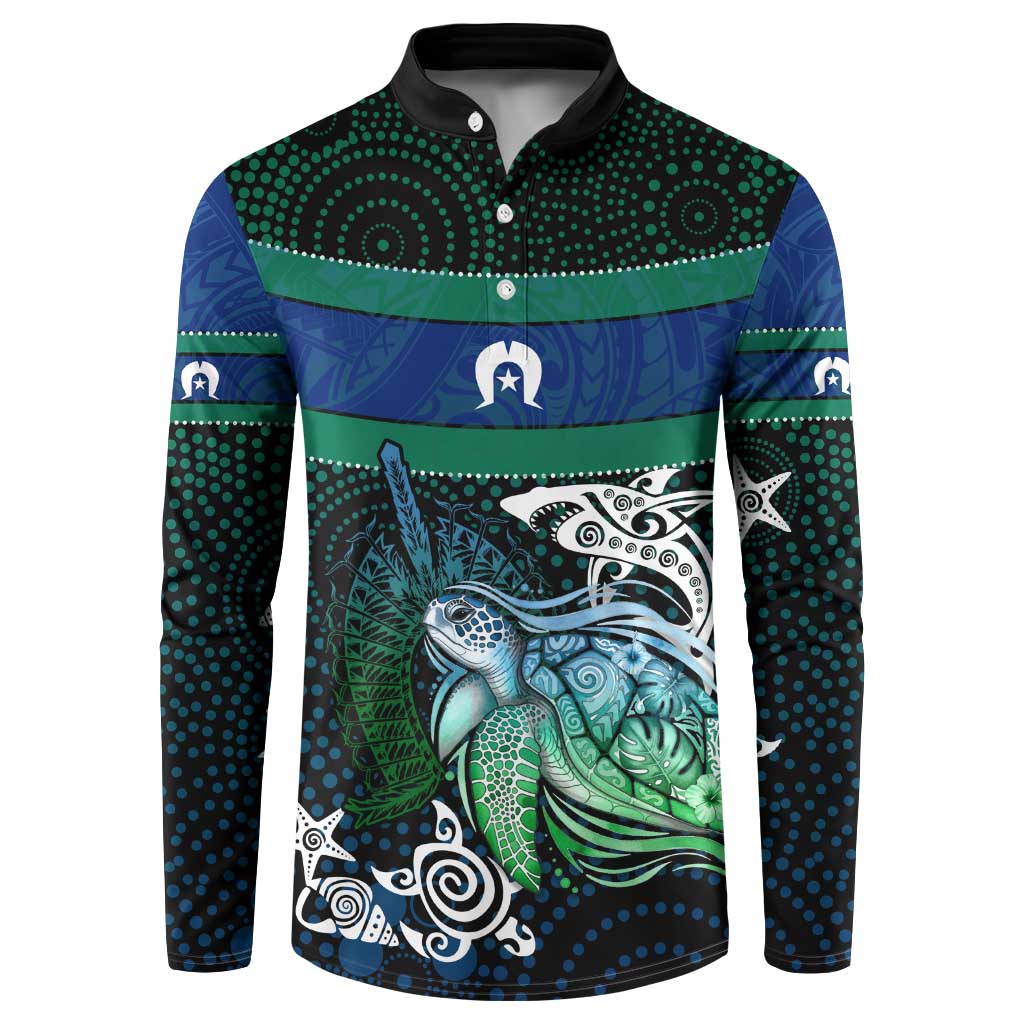 Torres Strait Islands Sea Turtle and Dhari Button Sweatshirt Oceanic Indigenous Dotwork Tribal Illustration