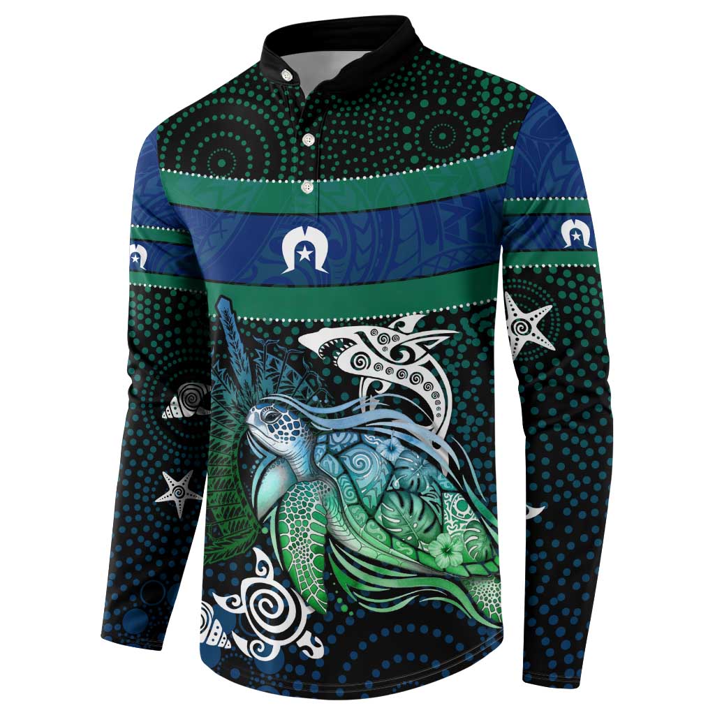 Torres Strait Islands Sea Turtle and Dhari Button Sweatshirt Oceanic Indigenous Dotwork Tribal Illustration