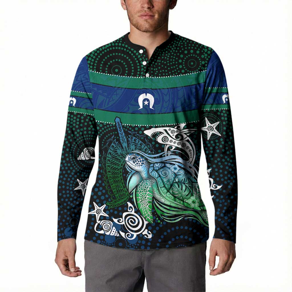 Torres Strait Islands Sea Turtle and Dhari Button Sweatshirt Oceanic Indigenous Dotwork Tribal Illustration