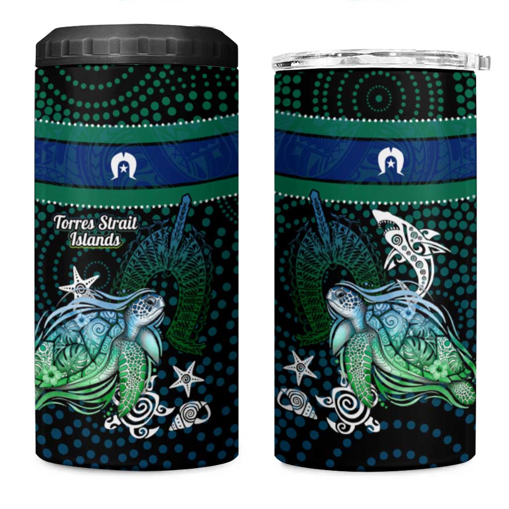 Torres Strait Islands Sea Turtle and Dhari 4 in 1 Can Cooler Tumbler Oceanic Indigenous Dotwork Tribal Illustration