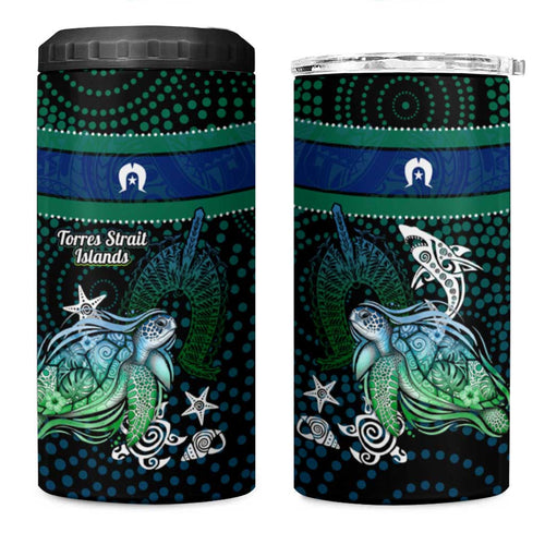 Torres Strait Islands Sea Turtle and Dhari 4 in 1 Can Cooler Tumbler Oceanic Indigenous Dotwork Tribal Illustration