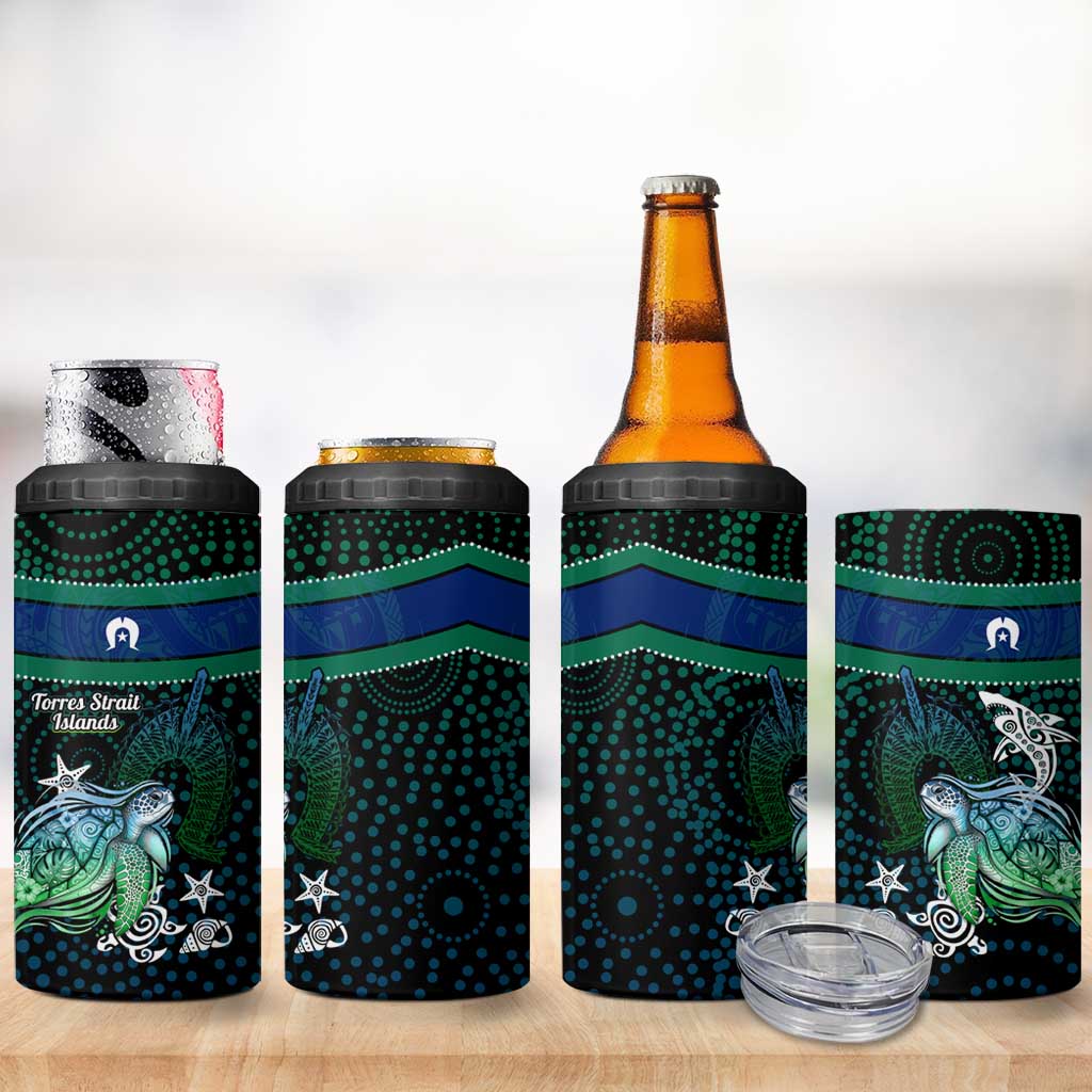 Torres Strait Islands Sea Turtle and Dhari 4 in 1 Can Cooler Tumbler Oceanic Indigenous Dotwork Tribal Illustration