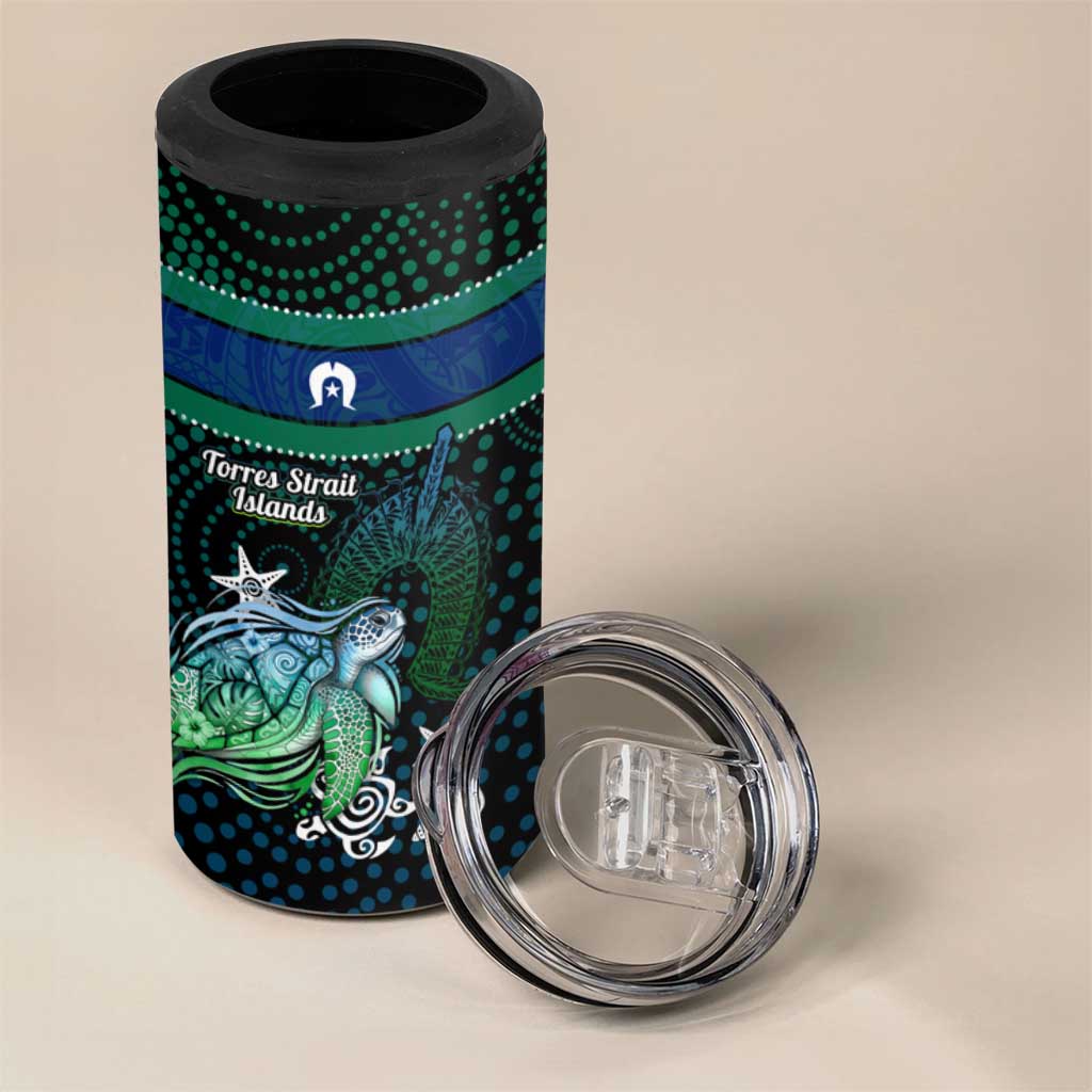 Torres Strait Islands Sea Turtle and Dhari 4 in 1 Can Cooler Tumbler Oceanic Indigenous Dotwork Tribal Illustration