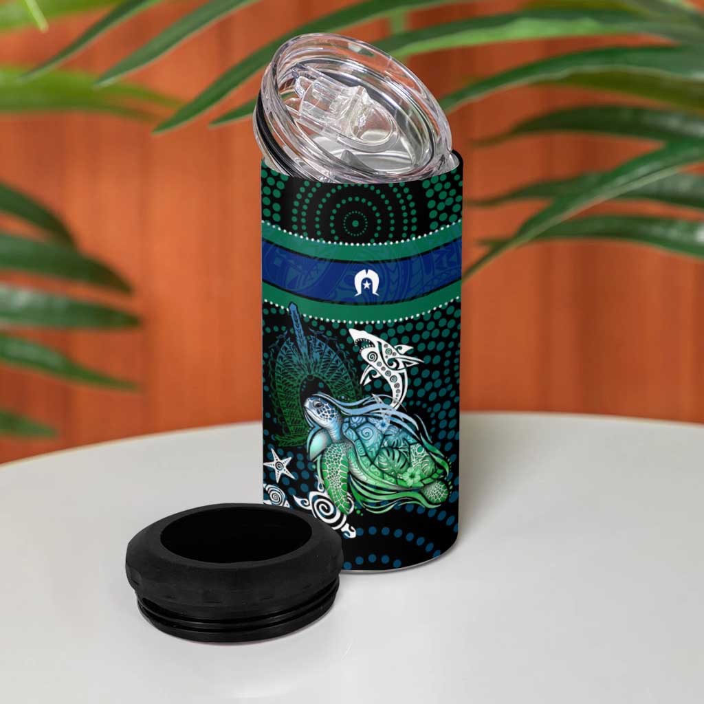 Torres Strait Islands Sea Turtle and Dhari 4 in 1 Can Cooler Tumbler Oceanic Indigenous Dotwork Tribal Illustration