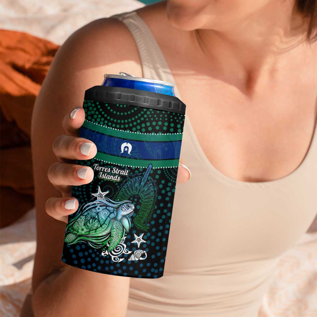 Torres Strait Islands Sea Turtle and Dhari 4 in 1 Can Cooler Tumbler Oceanic Indigenous Dotwork Tribal Illustration
