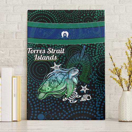 Torres Strait Islands Sea Turtle and Dhari Canvas Wall Art Oceanic Indigenous Dotwork Tribal Illustration