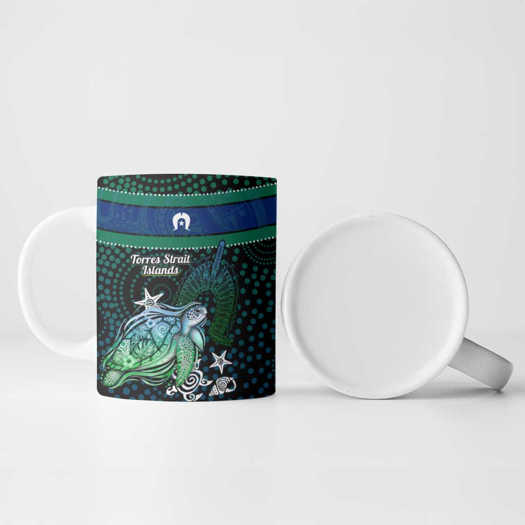 Torres Strait Islands Sea Turtle and Dhari Ceramic Mug Oceanic Indigenous Dotwork Tribal Illustration