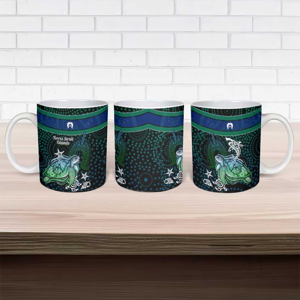 Torres Strait Islands Sea Turtle and Dhari Ceramic Mug Oceanic Indigenous Dotwork Tribal Illustration
