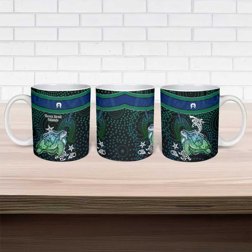 Torres Strait Islands Sea Turtle and Dhari Ceramic Mug Oceanic Indigenous Dotwork Tribal Illustration