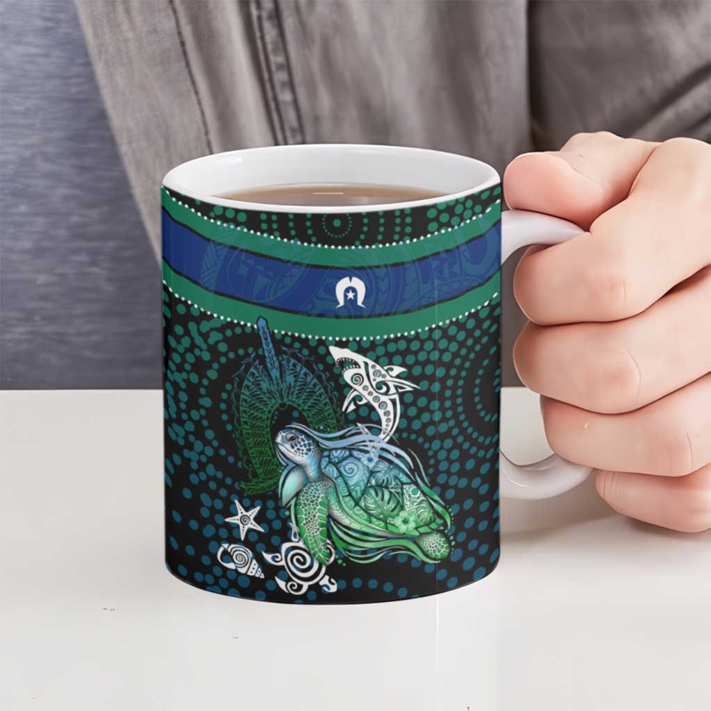 Torres Strait Islands Sea Turtle and Dhari Ceramic Mug Oceanic Indigenous Dotwork Tribal Illustration