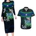 Torres Strait Islands Sea Turtle and Dhari Couples Matching Long Sleeve Bodycon Dress and Hawaiian Shirt Oceanic Indigenous Dotwork Tribal Illustration
