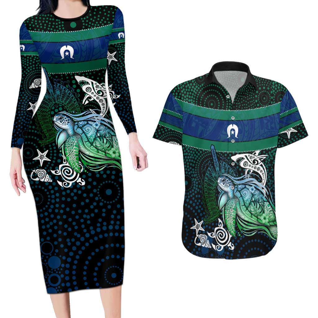 Torres Strait Islands Sea Turtle and Dhari Couples Matching Long Sleeve Bodycon Dress and Hawaiian Shirt Oceanic Indigenous Dotwork Tribal Illustration